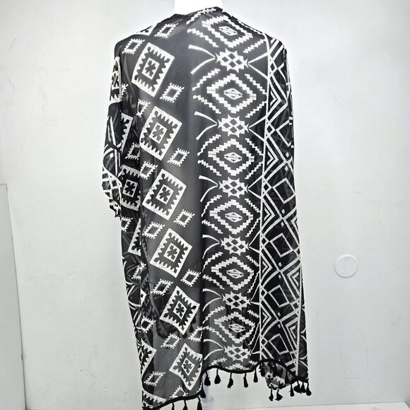 Women's Black White Aztec Tribal Fringe Boho Swim Cover Cardigan Kimono Poncho - Picture 5 of 7